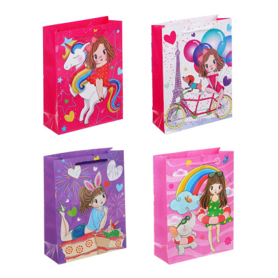 Пакет подарочный бумажный, 18x24x7 см, 4 дизайна, Единороги(12/756)