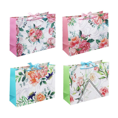 Пакет подарочный, высококачест.бумага, с атласной лентой, цвет.принт, 32x25x11 см, 4диз LAD (12/12)