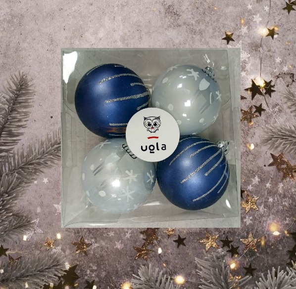 Набор новогодних шаров с рисунком 4 шт., D-8 см. "Новогодний олень" синий/серебро, пластик (1/72)