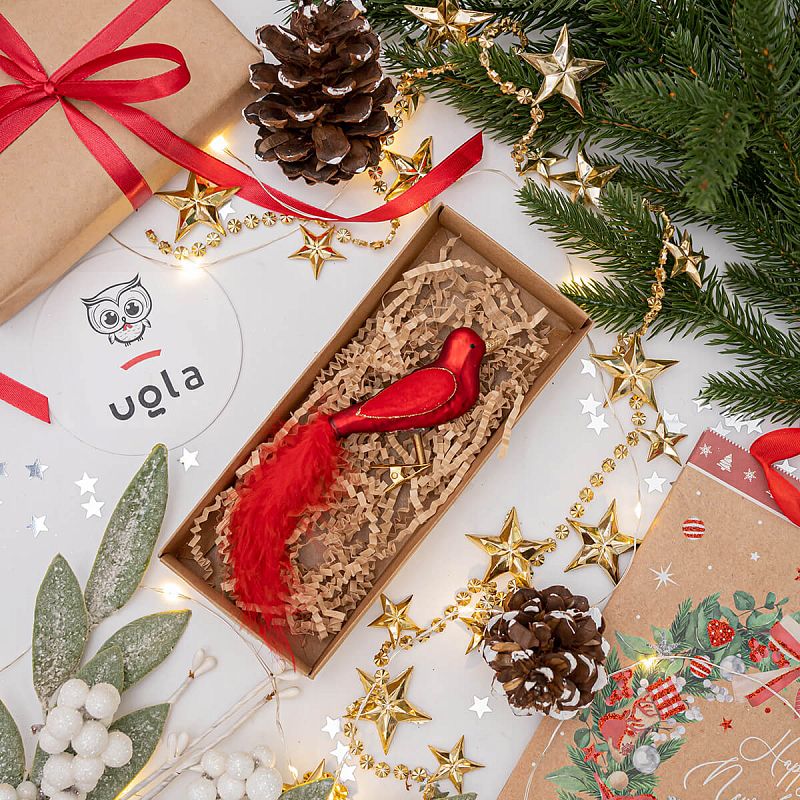 Украшение новогоднее 14 см. "Птица", красный, стекло  (1/6/36)