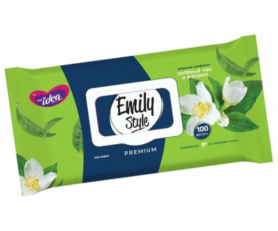 Влажные салфетки универсальные100шт Emily Style ПРЕМИУМ Зеленый чай с жасмин. с кр. (М)(1/12)