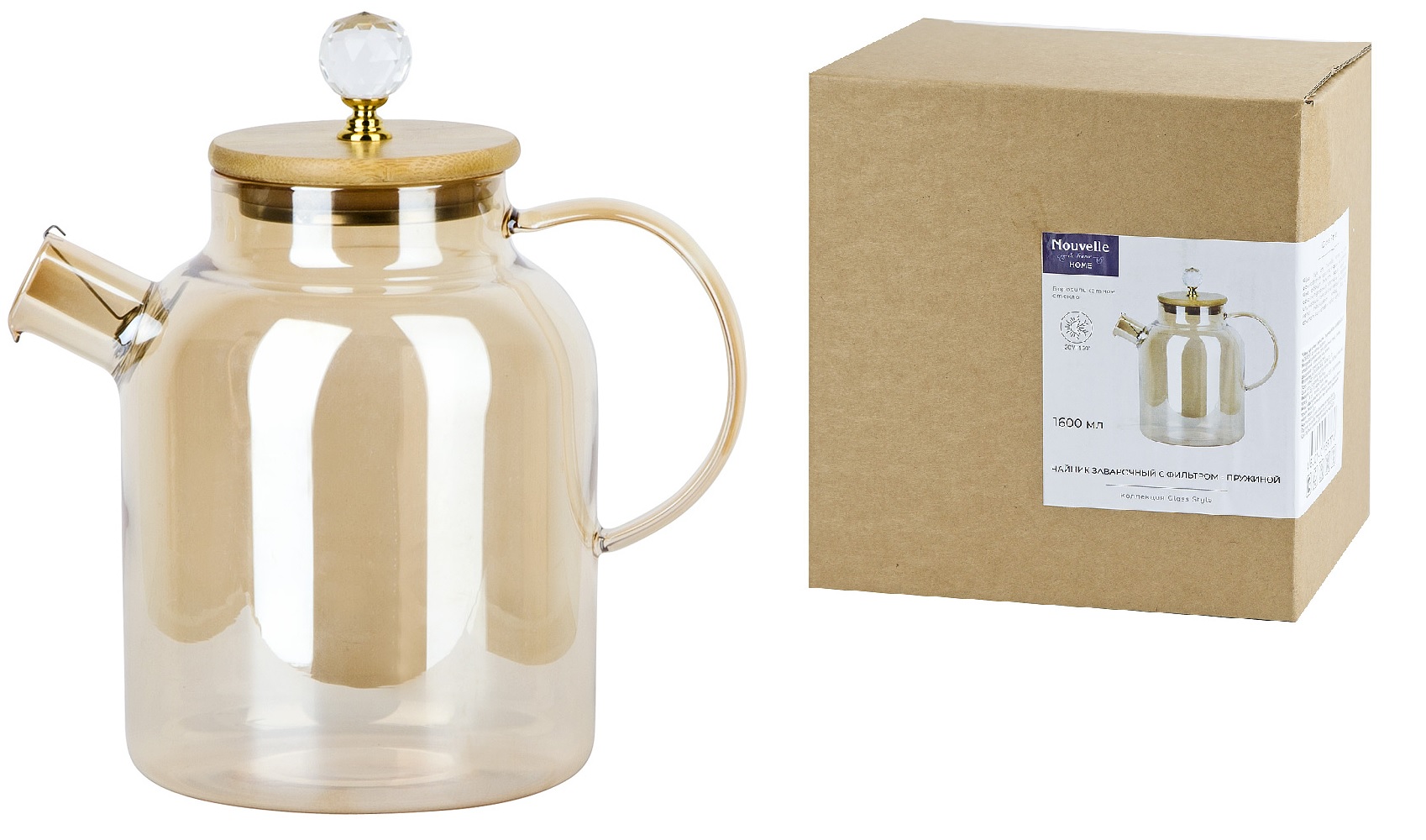 Чайник заварочный с фильтром-пружиной v=1600мл (индивидуальная упаковка)бор.стекл.(1/12)