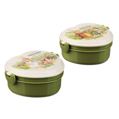 Ланчбокс в форме сердечка "Зайчата"13,5*16см: ложка-вилка, тарелка (пластик) (1/30)