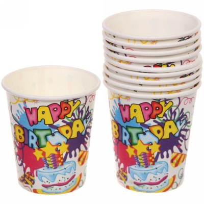 Стакан бумажный 0,2л в наборе 10 шт "HAPPY B-DAY!", Белый (1/300)
