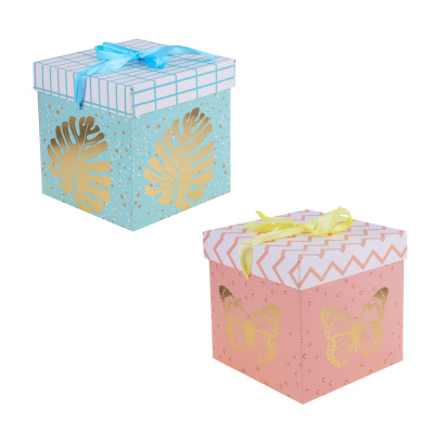 Коробка подарочная складная с лентой, бумага с фольгированным слоем, 15х15х15см, нежность, 2диз (6/6