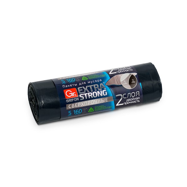 Пакеты двухслойные GRIFON 160л, 80х110см, 5 шт. в рул.(24/24)