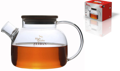 Чайник 1,0л корпус боросиликатное стекло, съем. фильтр нжс, бамбук/кр, п/у (18)