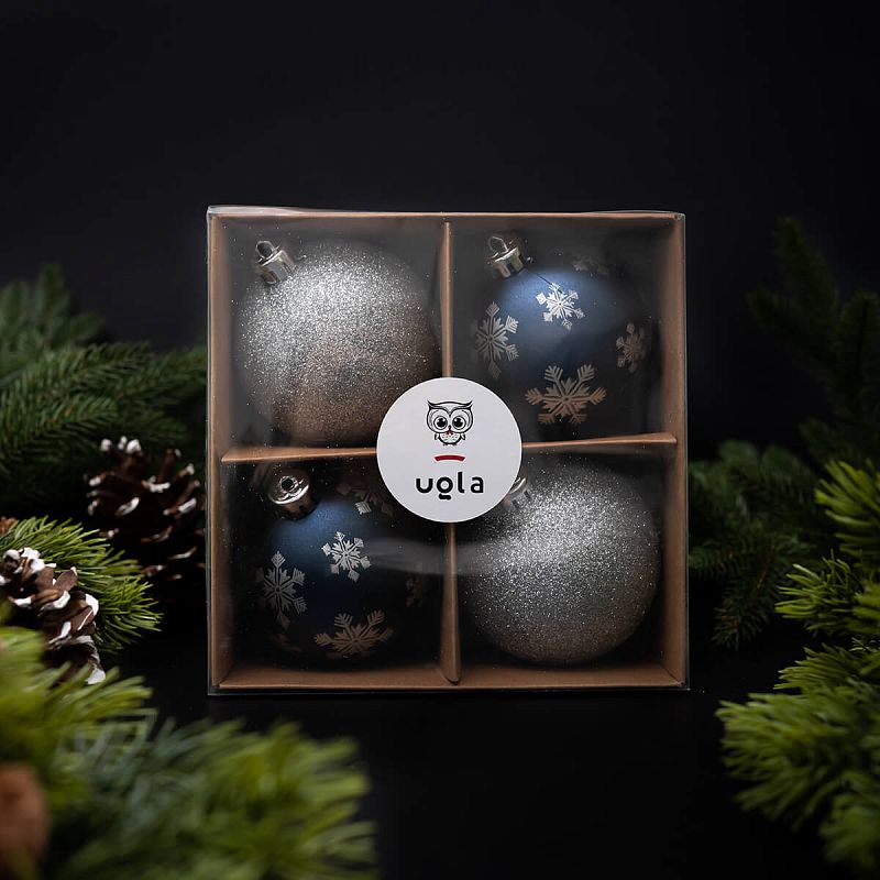 Набор новогодних шаров 4 шт., D- 8 см "Блеск зимнего утра", синий/серебро, пластик (1/24)