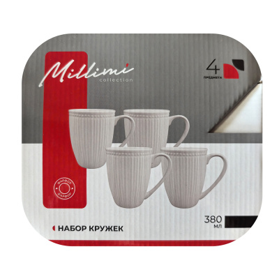 Набор кружек 4 шт, 380мл., белый рельеф, фарфор MILLIMI (1/8)