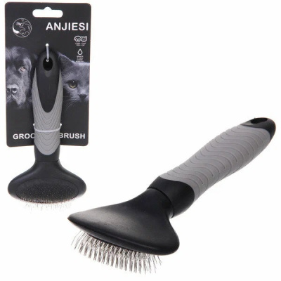 Расческа - пуходёрка д/животных "ПРЕМИУМ - МОЙ БРО",8,5*17,5см,прорез.ручка, цвет серый/черн (1/12)