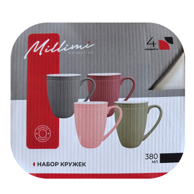 Набор кружек 4 шт, 380мл., цвет.однотон.рельеф, фарфор MILLIMI (1/8)