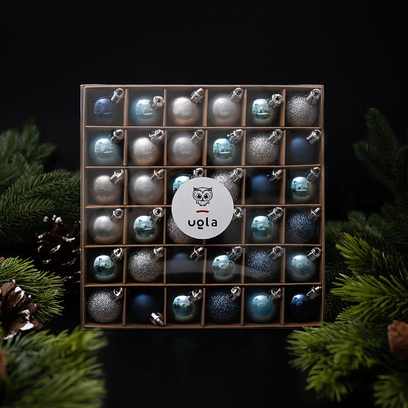 Набор однотонных новогодних шаров 36 шт., D-3 см., синий/серебро/светло-голубой, пластик(1/32)