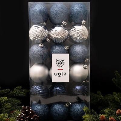 Набор новогодних шаров 36 шт., D-8 см. синий/темно-синий/серебро, пластик(1/6)