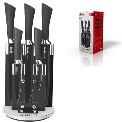 Набор ножей  ZEIDAN 6 предметов, прорезиненные ручки с декором, складная подставка (1/6)