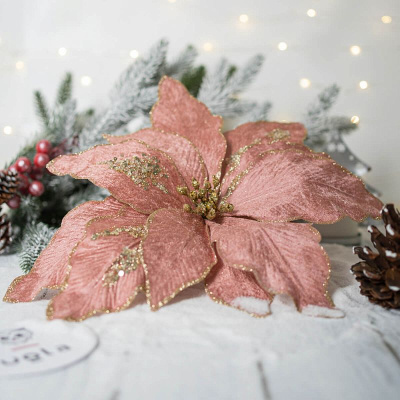 Цветок декоративный рождественский 28.5 см, розовый, текстиль (1/12/48)