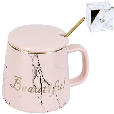Кружка 400мл "Beautiful" (розовая) с/кр и ложкой п/у (фрф) (1/24)