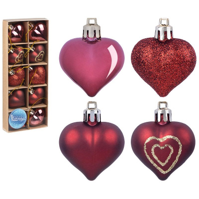 Набор елочных украшений "Сердечки бордовые",4 см, 10 шт (пласт.полиэст.) (1)