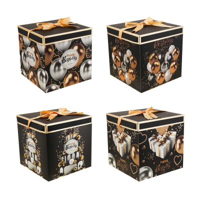 Коробка подарочная, скл., с лентой, бумага с фольг.слоем, 25x25x25см, 4диз, С Днем Рождения, зол(8/8