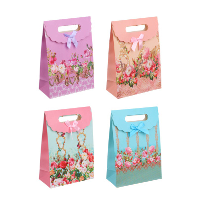 Пакет-конверт, подарочный, с бантом, бумажный, 19x9x27 см, 4 диз, цветочный принт (1/12)