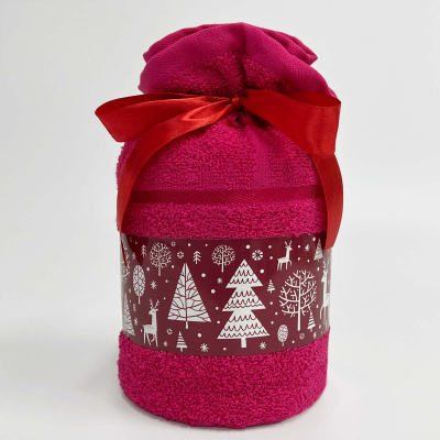 Полотенце подарочное "Новогодний мешочек" 70х130, 360гр./м2, пурпурный (1/9)