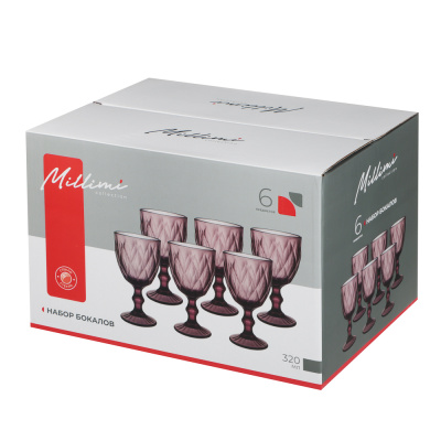 Набор бокалов 6 шт, 320 мл, стекло, бордовый ромб MILLIMI (1/8)