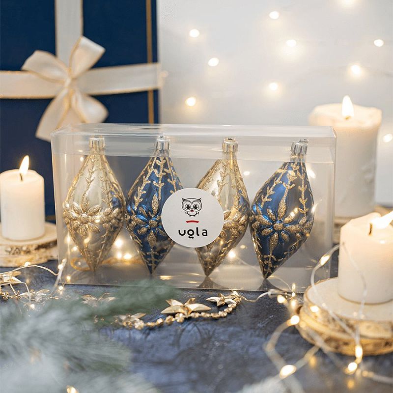 Набор новогодних елочных подвесок 4 шт.,11.5 см., глубокий синий/золото, пластик(1/1/36)