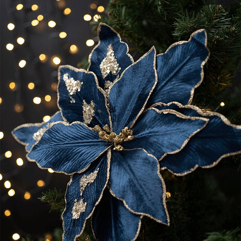 Цветок декоративный рождественский 28.5 см, синий, текстиль (1/12/48)
