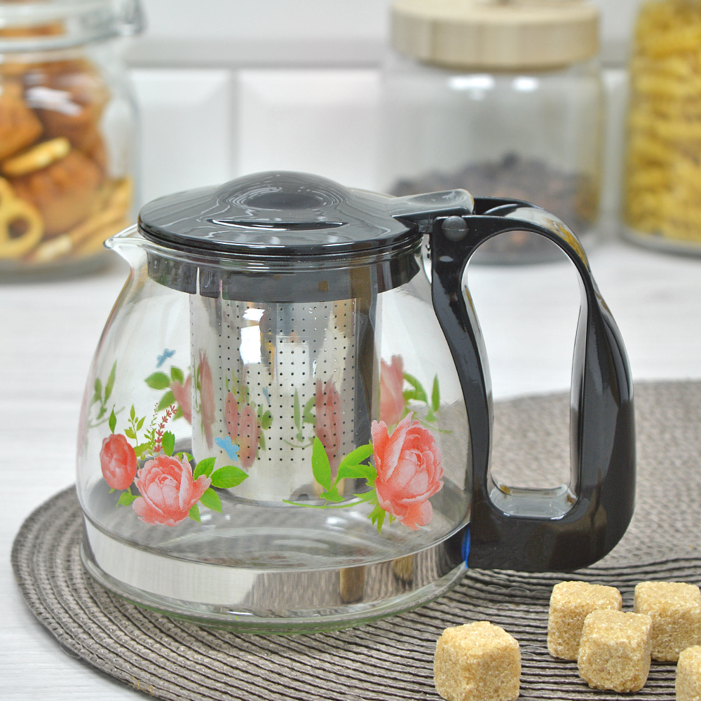Чайник 700 мл заварочный жаропрочное стекло, деколь, метал. фильтр (1/24)    