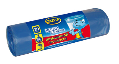 Мешки для мусора повышенной прочности, синие 9мк, 60л, 20шт CELESTA (1/50)