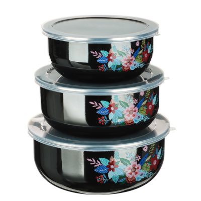 Набор эмалированных салатников с крышками,6 пр.(14/16/18см, 0,7/1,1/1,4л)"Колор" черн.перлам.(1/18)