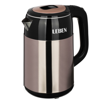 Чайник электрический, 2 л, 1500Вт, металл, пластик, бесш. колба, дв.стенки, 220-240В LEBEN (1/16)