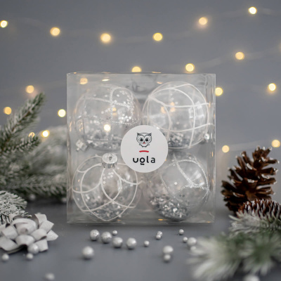 Шар прозрачный новогодний 4 шт., D-8 см., с орнаментом и блестками внутри, серебро,  пластик(1/1/36)