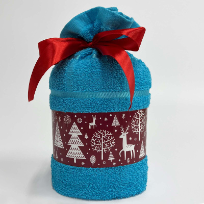 Полотенце подарочное "Новогодний мешочек" 70х130, 360гр./м2, голубой (1/9)