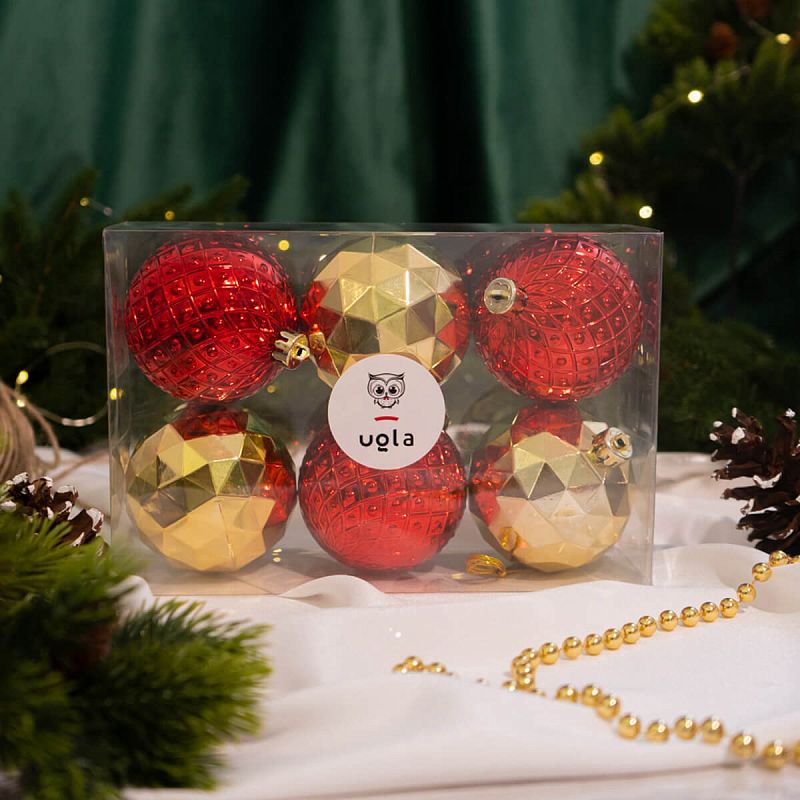 Набор рельефных новогодних шаров 6 шт., D-8 см., красный/светлое золото пластик(1/12)