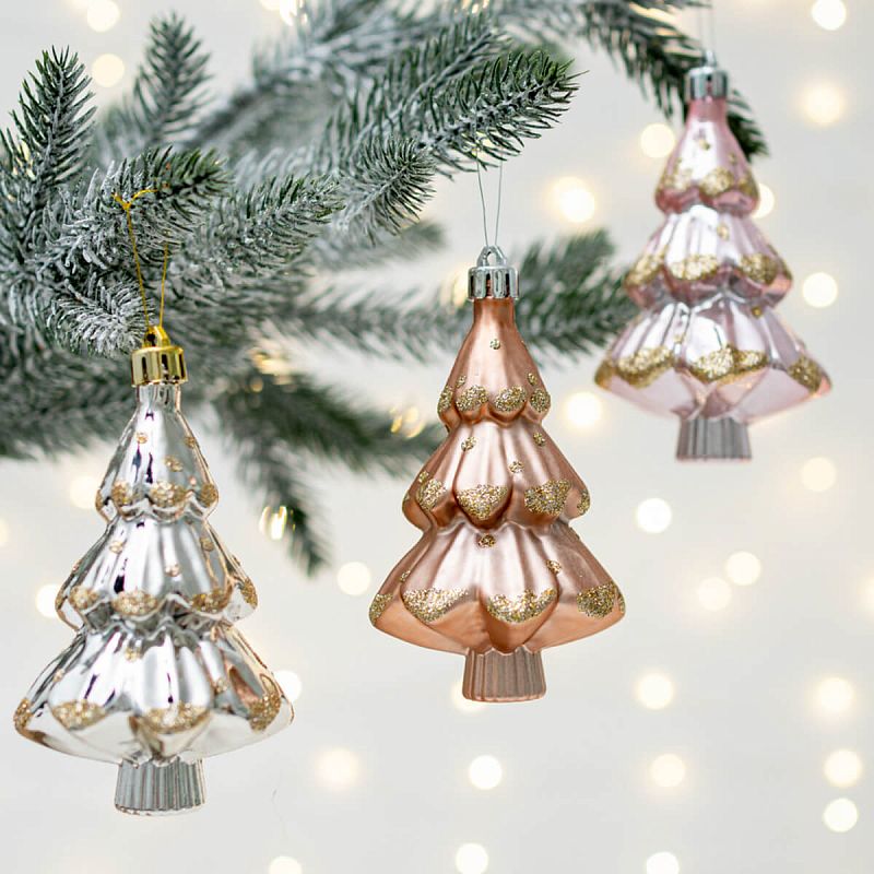 Набор новогодних игрушек 3 шт.,10 см, "Елочка", светло-розовый/серебро/коричневый пластик(1/24)