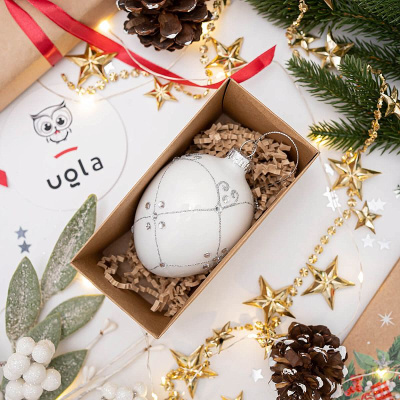 Украшение стеклянное новогоднее 10.6 см с декором, белый  (1/6/36)