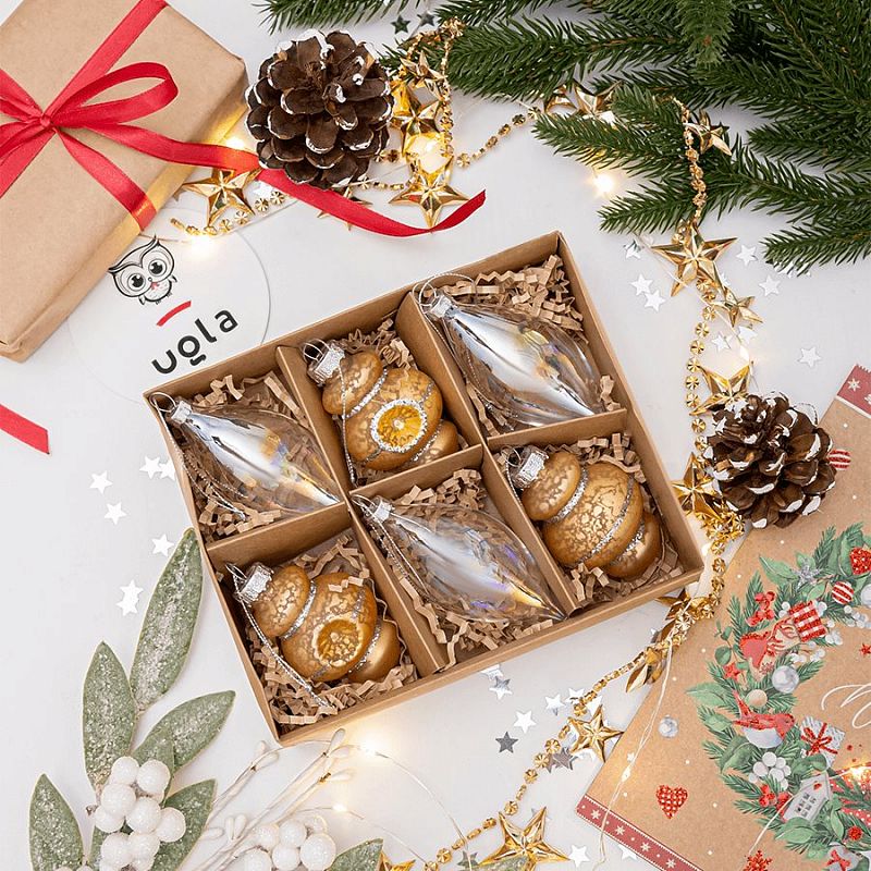 Набор стеклянных новогодних украшений 6 шт, 7.6 см, золото/прозрачный (1/4/24)