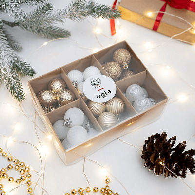 Набор новогодних шаров 36 шт., D-3 см. "Шампань", светлое золото/белый, пластик(1/48)