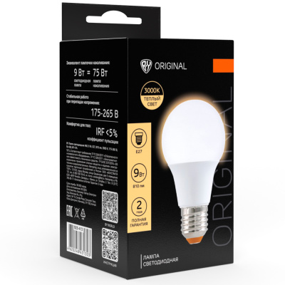 Лампа светодиодная A60 9 Вт, E27, 810 Лм, 3000 K, 175-265 В, Ra>80, IRF <5%,IC, 2 года гар.(10/10/10 Лампа светодиодная A60 9 Вт, E27, 810 Лм, 3000 K, 175-265 В, Ra>80, IRF <5%,IC, 2 года гар.(10/10/10