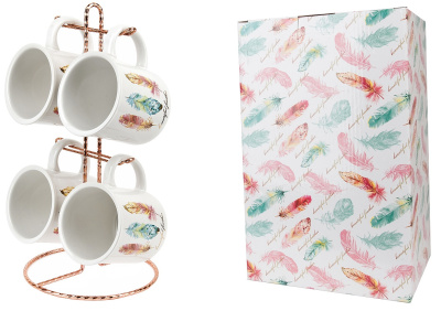 Кружки, набор 4шт. "Перья" на металлической подставке v=300мл. (керамика) (подарочная упаковка)(1/6)