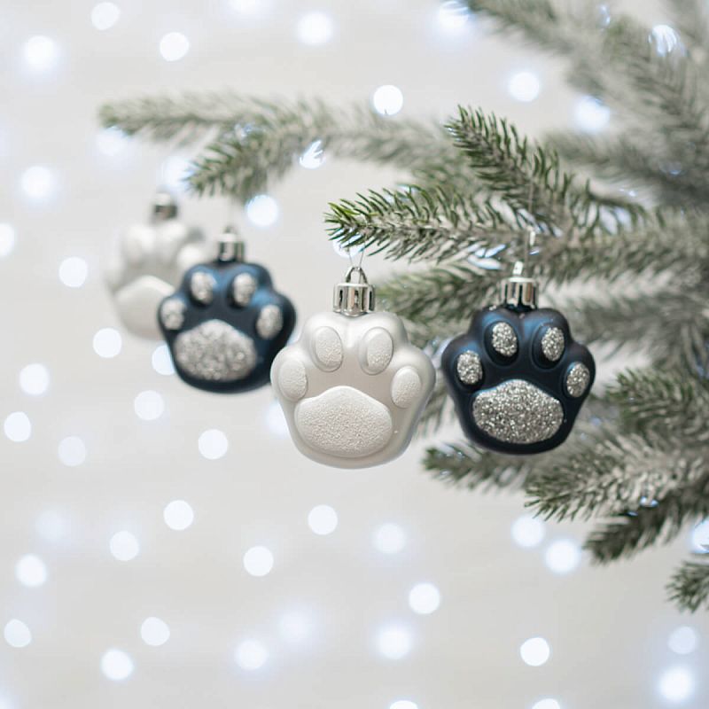 Набор новогодних елочных украшений 4 шт., 5 см. "Кошачья лапка", синий/серебро, пластик(1/1)