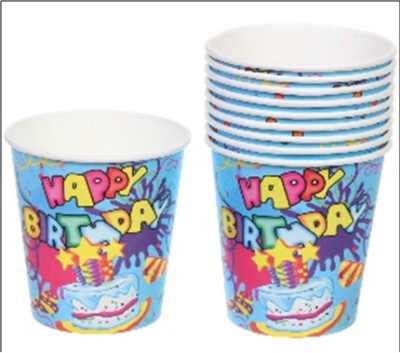 Стакан бумажный 0,2л в наборе 10 шт "HAPPY B-DAY!", Голубой(1/300) 