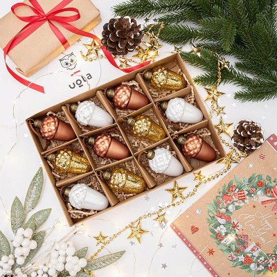 Набор стеклянных новогодних украшений "Желуди" 12 шт 6.5 см, золото/белый/коричневый (1/8/36)