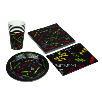 Набор одноразовой посуды (стаканы 6шт, тарелки 6шт, салфетки 12шт, скатерть) цв.черн.ВСЁГАЗИН (1/48)