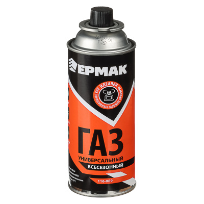 Газ для портативных плит, всесезонный, метал. баллон 220гр, 520см3 (цанговый, ЕАЭС) ЕРМАК (1/28)