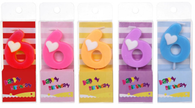 Свеча для торта Цифра Сердечко "6" 9 см, микс цветов (1/60)