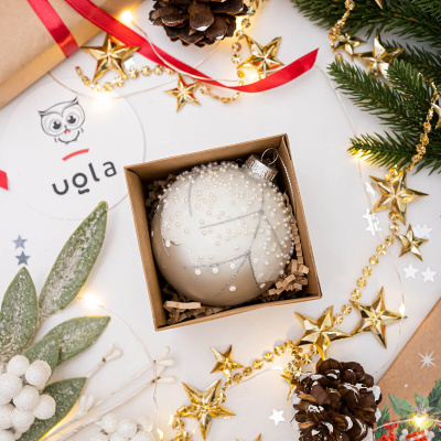 Шар стеклянный новогодний с декором из бисера D-8 см, белый/жемчужный( 1/12)