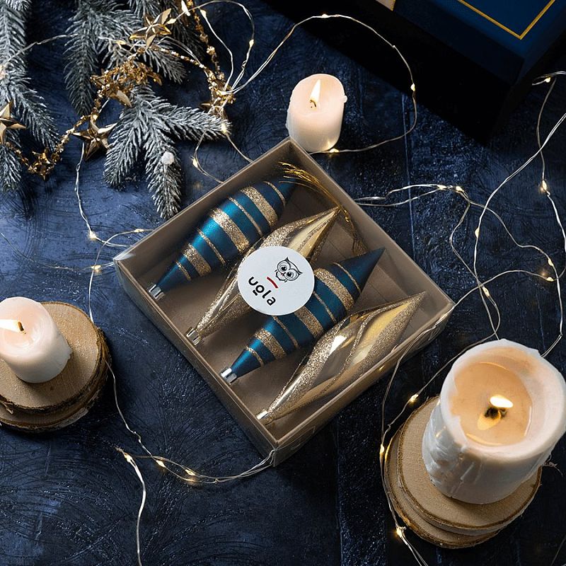 Набор новогодних елочных подвесок 4 шт.,14 см., глубокий синий/золото, пластик(1/24)