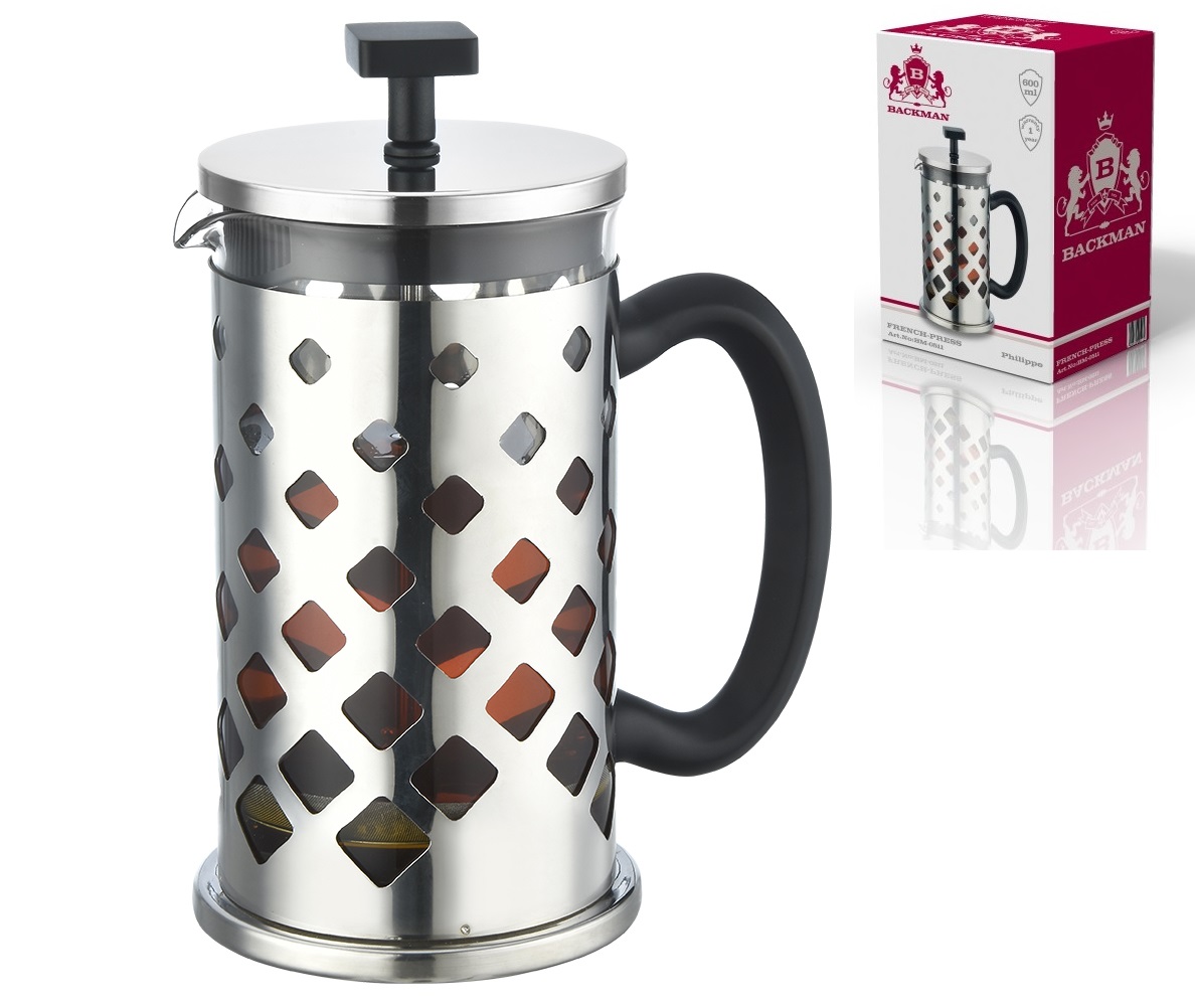 Френч-пресс 600мл  BACKMAN (термост.стекло, нжс) п/у (1/24)