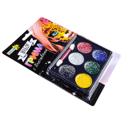 Набор грима с блестками 6цв, аппликатор в комплекте, 12,7*18,8см, масляный грим, пластик (12/600)